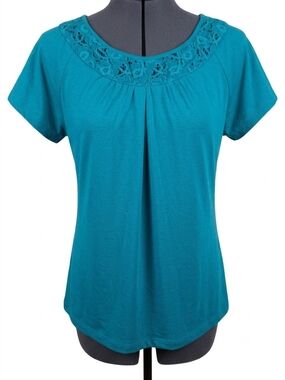 Style & Co. Teal Lace-Yoke Short Sleeve Tee
